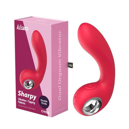 Sharpy Vibe with Tapping dual orgasm vibrator in red with packaging
