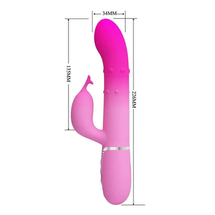 Shima Vibrating with Rolling Beads dual-motor stimulator in pink with measurement details.