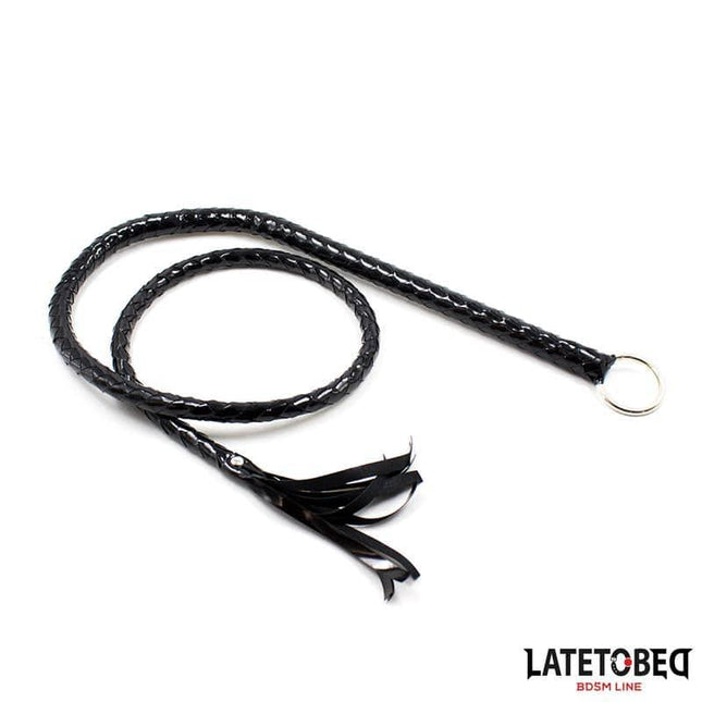 Shiny Black Long Whip 138cm by LATETOBED, crafted for precision with a slim silhouette, shown on a white background.