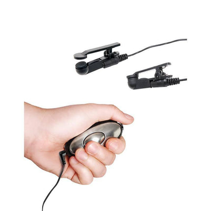 Shock Therapy Nipple Clamps with electro-power unit and control dial for adjustable e-stimulation.