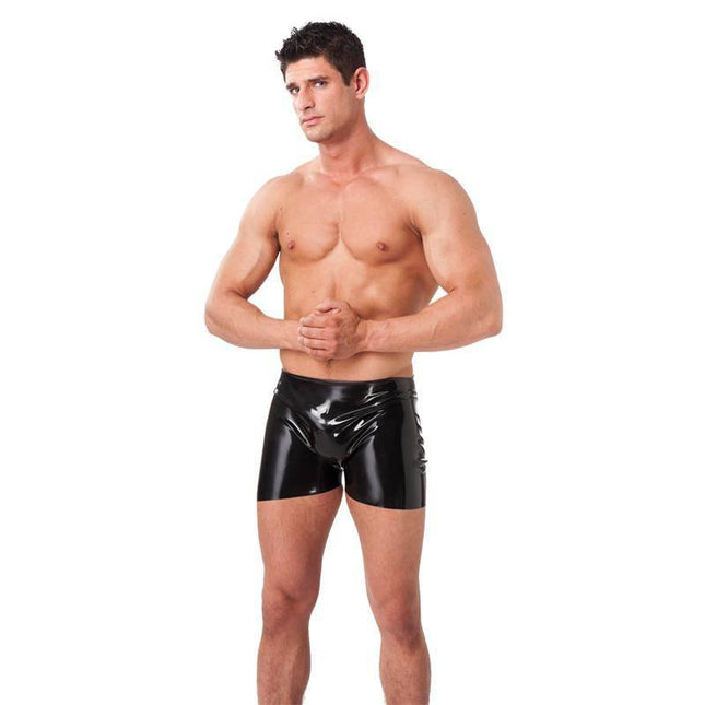 Model wearing black Shorts Latex made from 100% natural latex, designed in Europe for a sensual and provocative style.