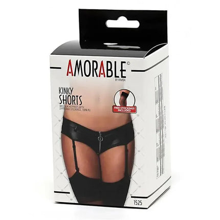 Product packaging featuring Short with Garter Belt and Zipper in black leather-style.