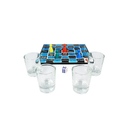Shot Game Crazy Dice set with board, 4 dice, colorful bases, and shot glasses for fun game nights.