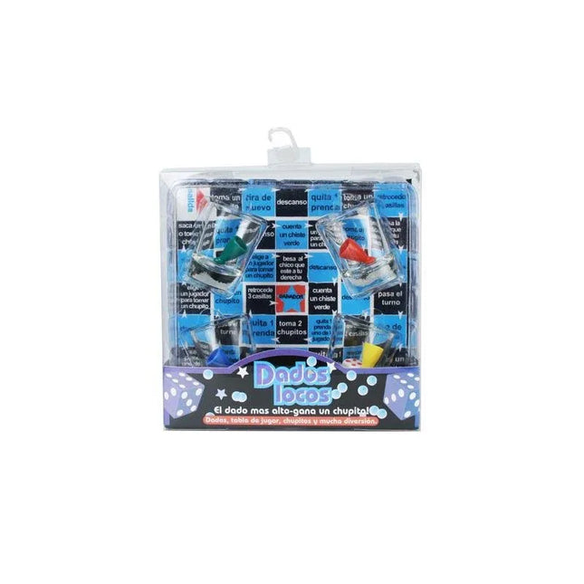 Packaging of the Shot Game Crazy Dice board game with dice and shot glasses inside.