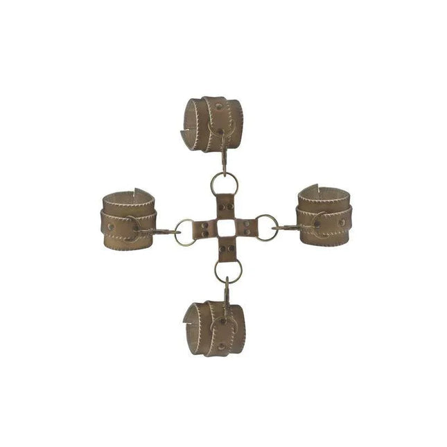 Shots Ouch! Brown Hogtie bondage accessory with premium leather, white stitching, durable metal hardware for restraint and comfort.