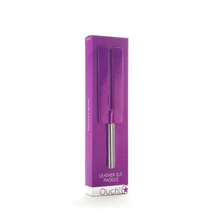Shots Ouch! Whips and Paddles Leather Slit Paddle Purple in packaging.