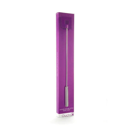Shots Ouch! Whips and Paddles Leather Square Tipped Crop Purple in packaging