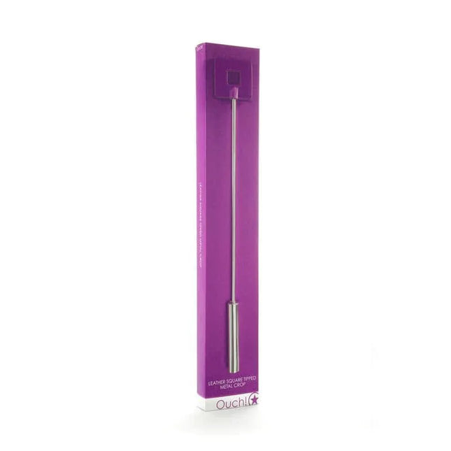 Shots Ouch! Whips and Paddles Leather Square Tipped Crop Purple in packaging