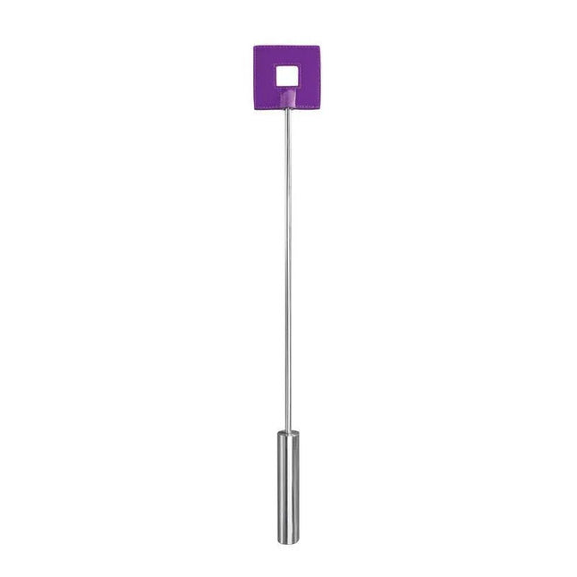 Shots Ouch! Whips and Paddles Leather Square Tipped Crop Purple with ergonomic design and metal grip shown vertically.