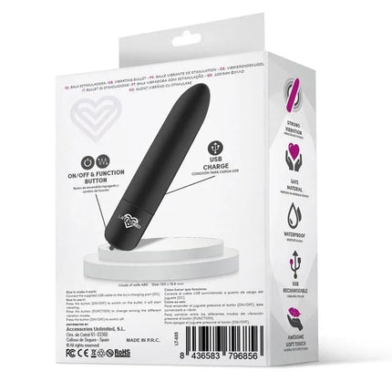 Packaging of Shoty Vibrating Bullet USB 10 Speeds Powerful Motor Black highlighting features like USB charge and waterproof design.