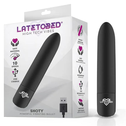Shoty Vibrating Bullet USB 10 Speeds Powerful Motor Black with packaging displaying features like waterproof and body-safe material.