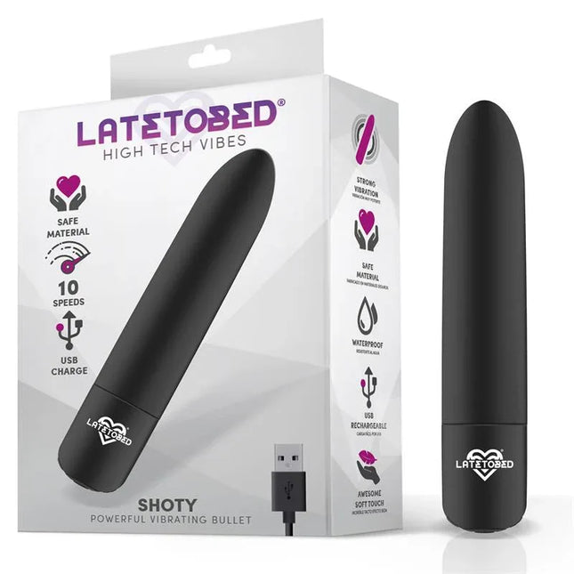 Shoty Vibrating Bullet USB 10 Speeds Powerful Motor Black with packaging displaying features like waterproof and body-safe material.