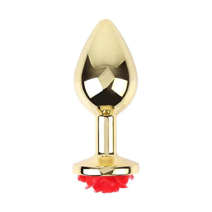 Showy Rose Anal Plug with Rose Jewel Size L, metal plug with gold finish and heart-shaped base featuring a red rose jewel.