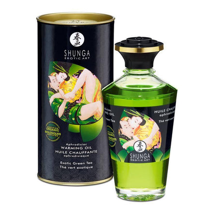 Shunga Aphrodisiac Massage Oil Green Te Aroma with warming effect, inspired by Japanese art for intimate relaxation and pleasure.