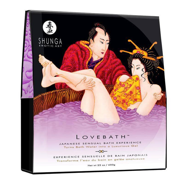 Packaging of Shunga Bath Salt Sensual Lotus featuring Japanese erotic art, ideal for intimate and luxurious bath experiences.