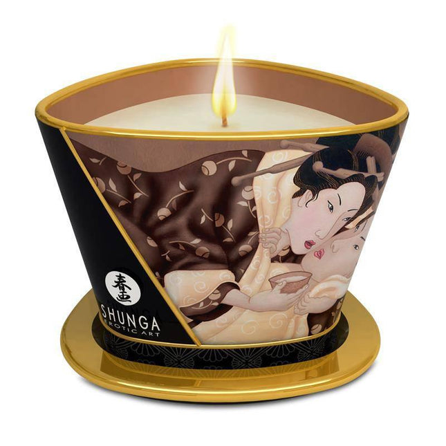 Shunga Candle Massage Chocolate luxury scented candle with Japanese erotic art, perfect for sensual massages and intimate moments.