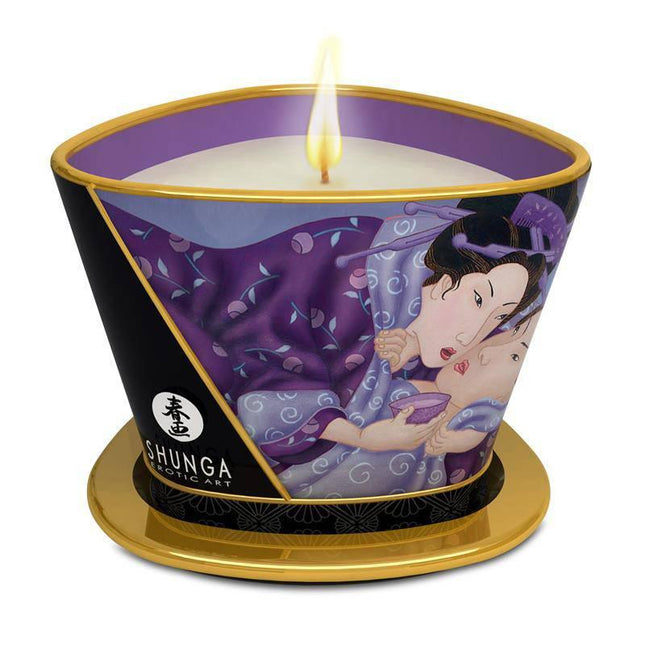 Shunga Candle Massage Fruits Exotics with Japanese art design, emitting warm exotic fruit aroma, transforming into silky massage oil