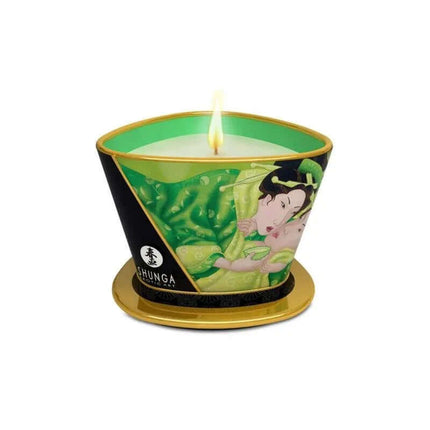 Shunga Candle Massage Green Exotic, scented massage oil candle with erotic Japanese art inspired design.