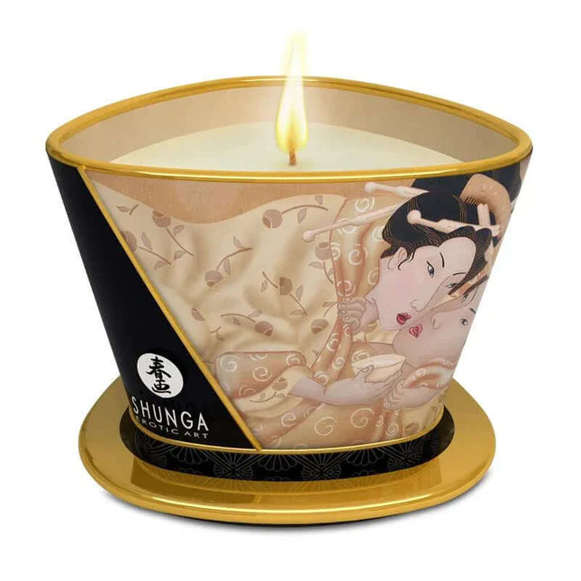 Shunga Candle Massage Vanille lit with Japanese art-inspired design, doubles as massage oil for intimate care.