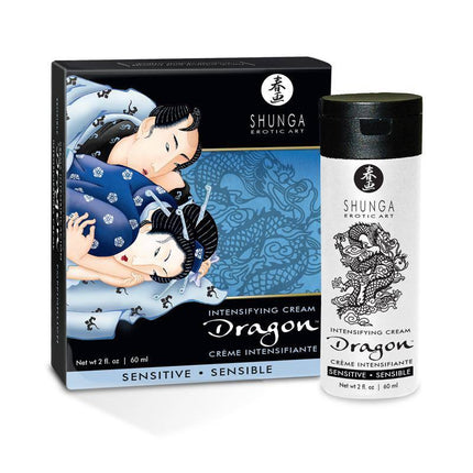 Shunga Cream de Virlate Dragon packaging showing the luxurious intimate cream inspired by Japanese erotic art, 60ml bottle and box.