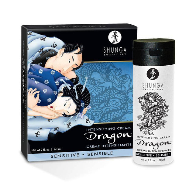Shunga Cream de Virlate Dragon packaging showing the luxurious intimate cream inspired by Japanese erotic art, 60ml bottle and box.