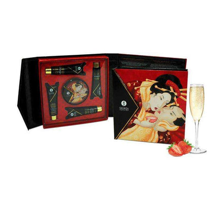 Shunga Geisha Secrets Kit Sparkling Wine travel set with Japanese erotic art, enhancing romance and passion, includes champagne and strawberries.