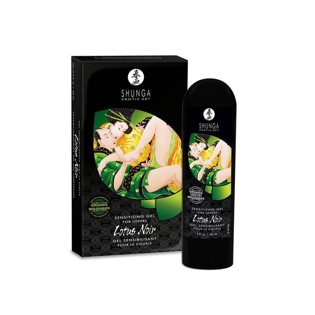 Shunga Gel Sensitizer Lotus Noir in packaging inspired by Japanese erotic art, for intense pleasure enhancement.