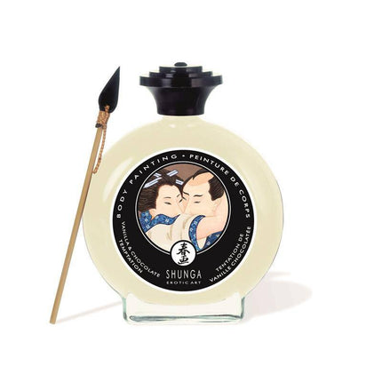 Shunga Kisable Body Paint White Chocolate and Vanilla Flavor bottle with brush, inspired by Japanese erotic art.