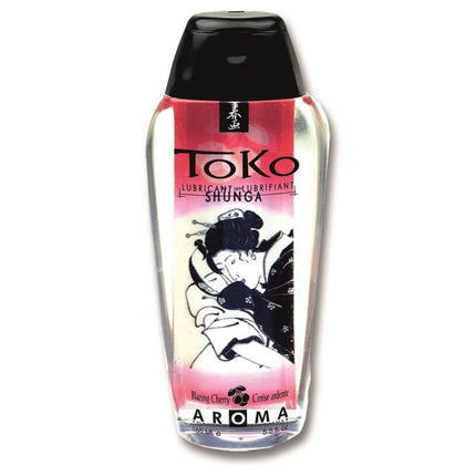 Shunga Lube Toko Cherry Aroma bottle with artistic label design emphasizing silky glide and cherry fragrance.