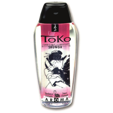 Bottle of Shunga Lube Toko Strawberry Wine Aroma with traditional Japanese art design, water-based, kissable scent