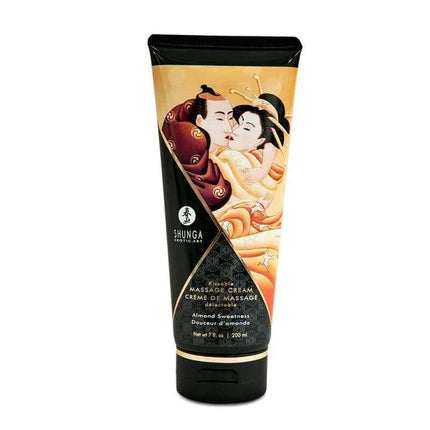 Shunga Masagge Creme Almond Aroma for sensual massages with Japanese erotic art design on packaging.