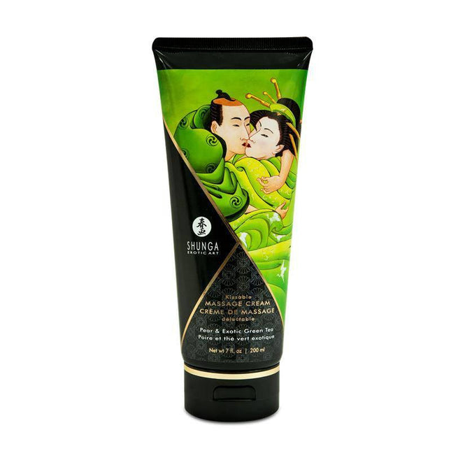 Shunga Massage Creme Green Tea tube with Japanese art, perfect for sensual or relaxing massages with a green tea aroma.