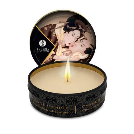 Shunga Mini Candle Massage Chocolate with Japanese erotic art, melting into sensual massage oil for intimate moments.
