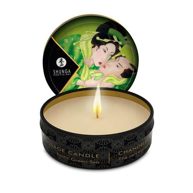 Shunga Mini Candle Massage Green Tea with Japanese art, releasing green tea aroma for sensual massage