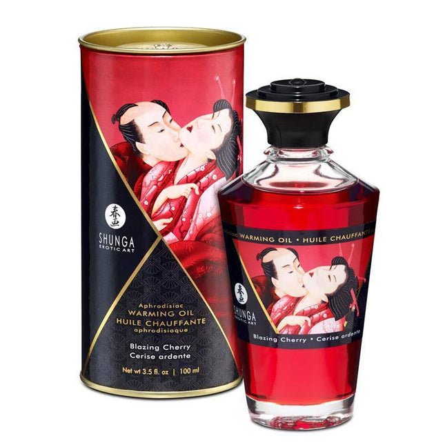 Shunga Warming Massage Oil Blazing Cherry Aroma 100ml bottle and packaging with luxurious design.