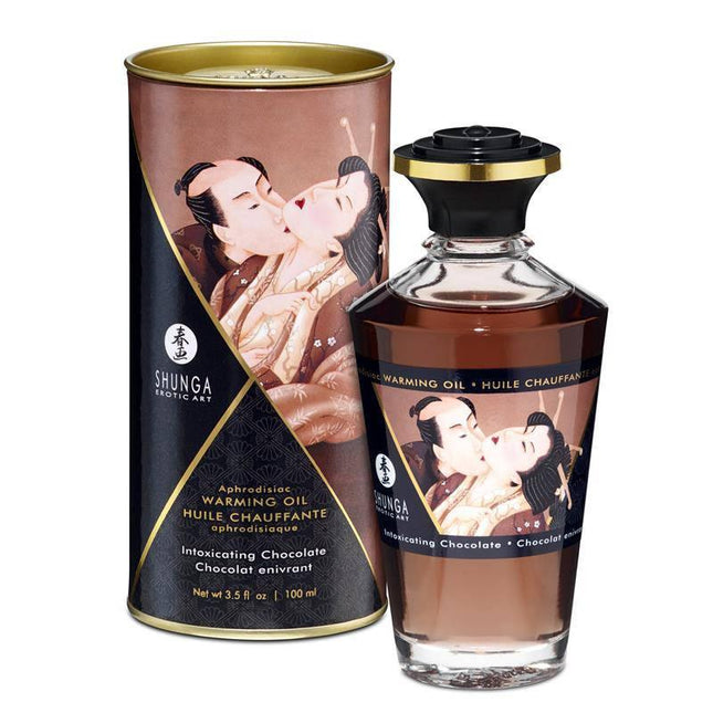 Shunga Warming Massage Oil Chocolate Aroma in elegant bottle with packaging, perfect for luxurious and sensual massages.