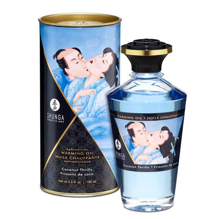Shunga Warming Massage Oil Coconut Aroma bottle and packaging featuring Japanese art, ideal for sensual massage and relaxation.