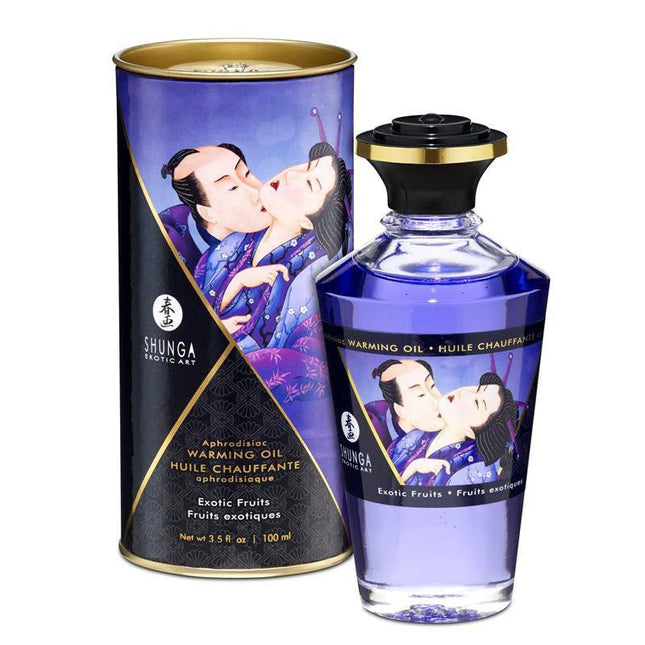 Shunga Warming Massage Oil Exotic Fruit Aroma 100 ml bottle and packaging with Japanese art design.