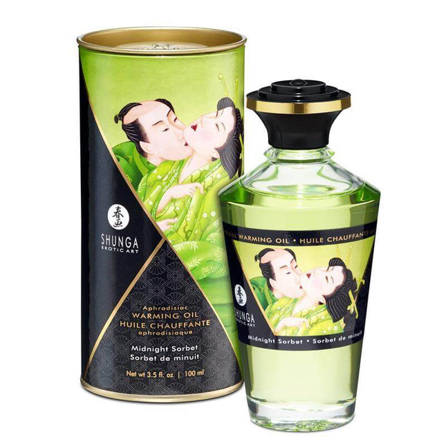 Shunga Warming Massage Oil Midnight Sorbet Aroma bottle and packaging