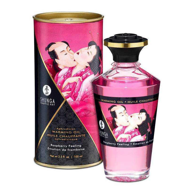 Shunga Warming Massage Oil Raspberry Aroma bottle and packaging