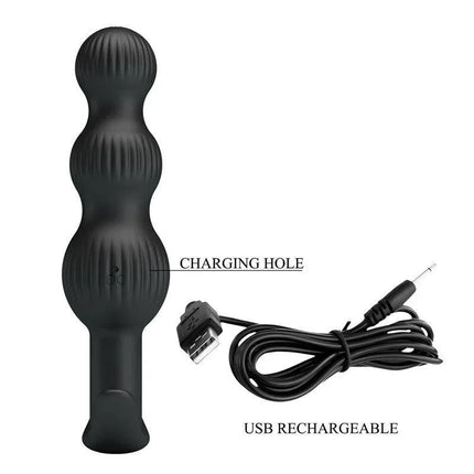 Sidney Butt Plug with Vibration, black silicone anal plug with ribbed design, USB rechargeable for enhanced pleasure.
