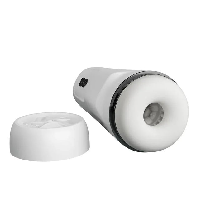 Sienna Male Masturbator with Vibration, Sex Talk and Suction in white color, showcasing its sleek design with detachable cap.