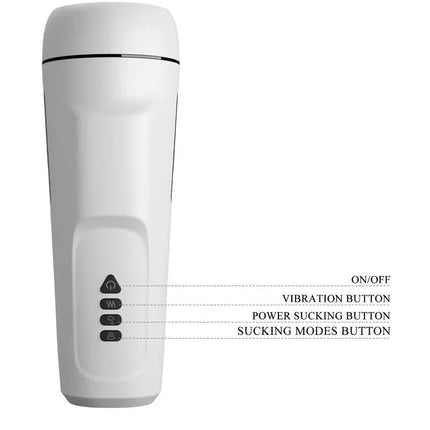 Sienna Male Masturbator with Vibration, Sex Talk and Suction showing control buttons for various settings.