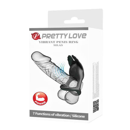 Silas Vibrating Penis Ring Black in packaging, silicone sex toy with seven vibration modes for enhanced pleasure and comfort.