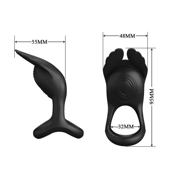 Silas Vibrating Penis Ring Black with dimensions shown in millimeters and dual-stimulation design