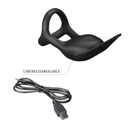 Silas Vibrating Penis Ring Black with USB cable for enhanced pleasure and dual stimulation, featuring seven vibration modes.