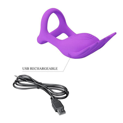 Silas Vibrating Penis Ring Purple with USB rechargeable cable, premium silicone design for couples' dual-stimulation pleasure.