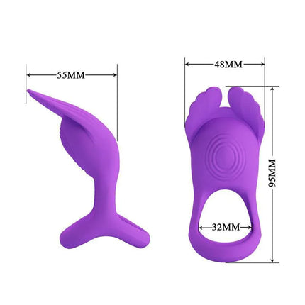 Silas Vibrating Penis Ring Purple with dimensions shown, designed for shared pleasure and dual stimulation, made with body-safe silicone.