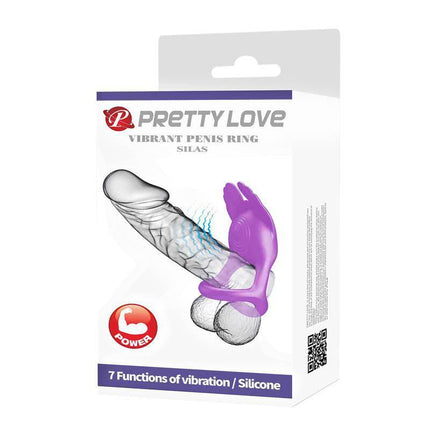 Silas Vibrating Penis Ring Purple for couples, dual-stimulation, body-safe silicone, packaging featuring ring and features.