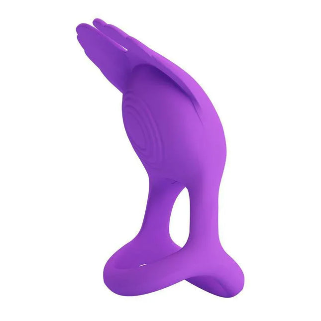 Silas Vibrating Penis Ring Purple dual-stimulation design, body-safe silicone, enhances pleasure, clitoral targeting, purple color.